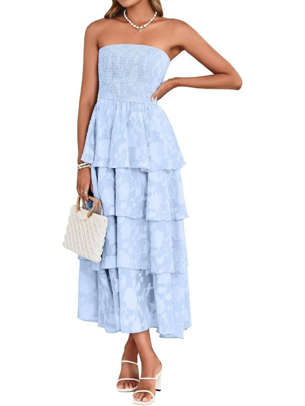 Women's Strapless Maxi Dress Boho Floral Off Shoulder Dress Blue Beach Sundress